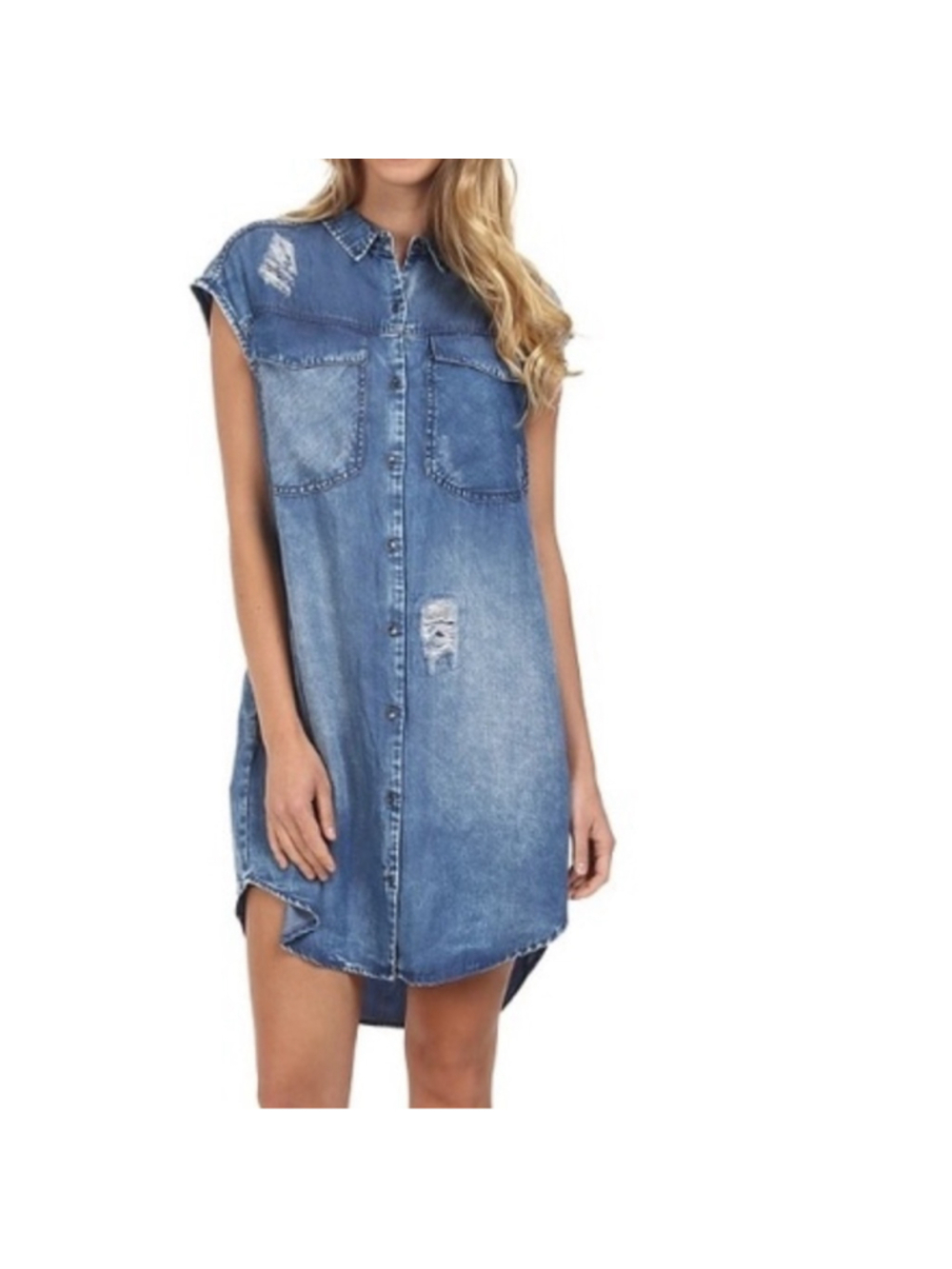Calvin Klein denim sleeveless button down shirt dress distressed NWT small